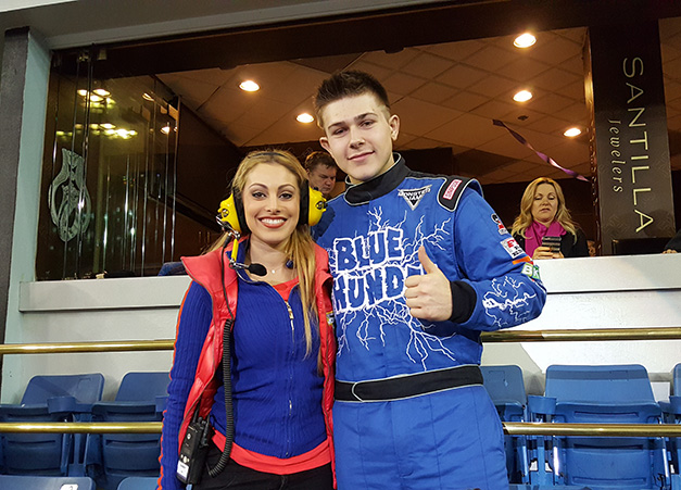 Blue Thunder Tyler Menninga and Monster Jam Emcee at Sacramento Show