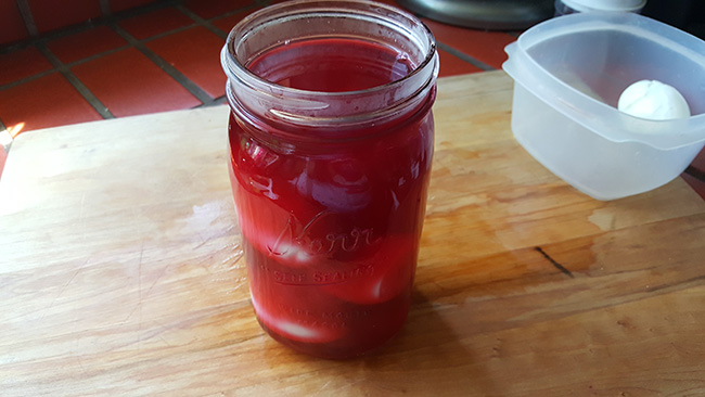 Hard boiled eggs in beet juice