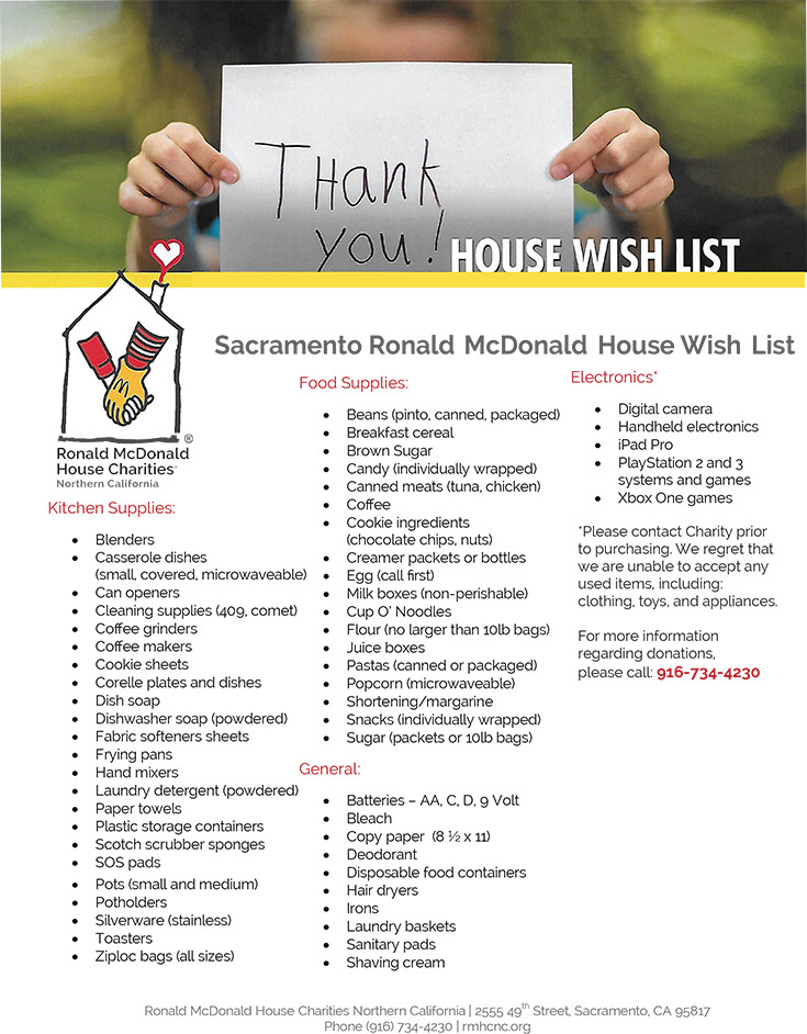 Sacramento Ronald McDonald House Wish List