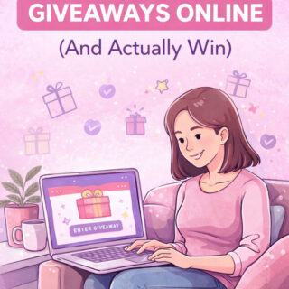 mom entering online giveaway on laptop at home