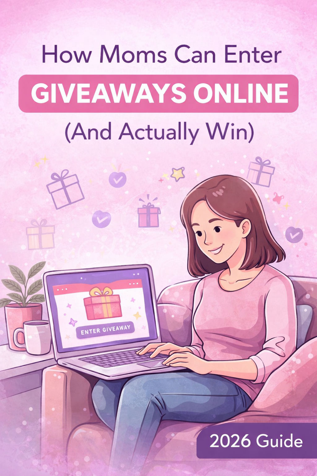 mom entering online giveaway on laptop at home