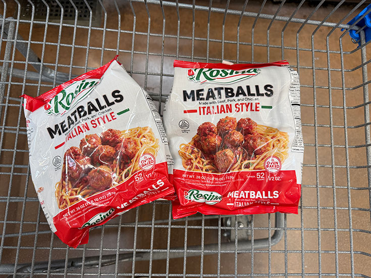 Rosina Italian style meatballs package in a grocery cart at the store