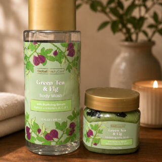 Global Beauty Care Green Tea & Fig Body Wash and Exfoliating Body Scrub from Dollar Tree.