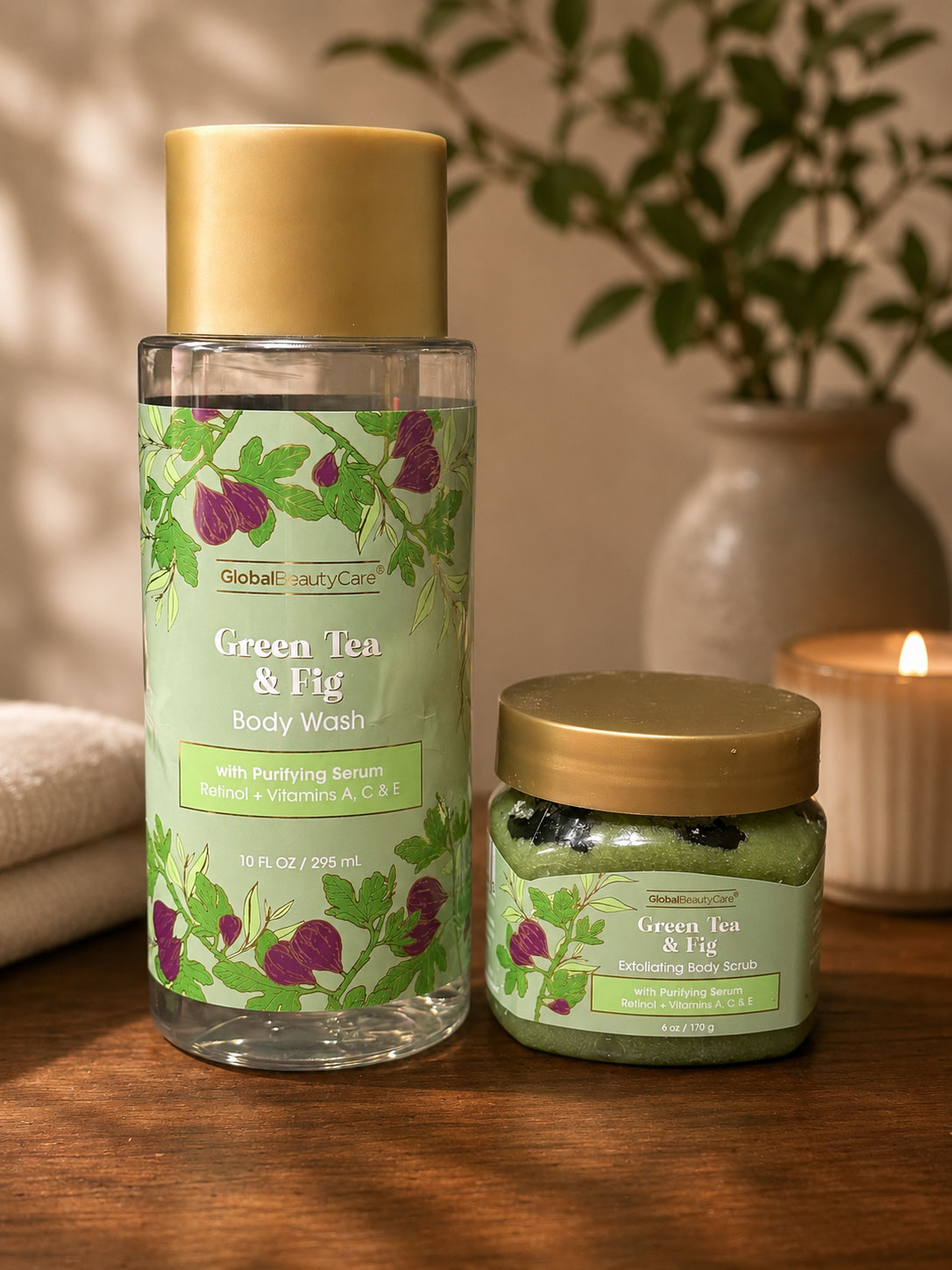 Global Beauty Care Green Tea & Fig Body Wash and Exfoliating Body Scrub from Dollar Tree.