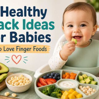 Baby enjoying healthy finger food snacks including avocado, fruit, yogurt, vegetables, and baby puffs.