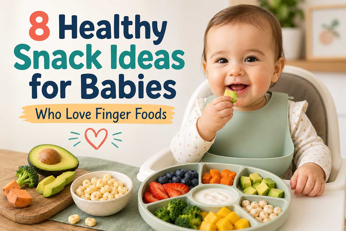 Baby enjoying healthy finger food snacks including avocado, fruit, yogurt, vegetables, and baby puffs.