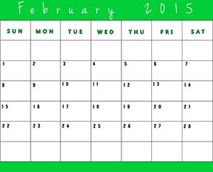 Printable Calendar for February 2015 - Green