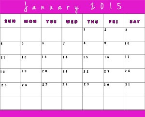 Printable Calendar For January 2015 - Pink