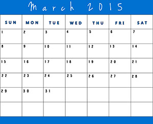 Free printable calendar for March 2015 - Blue