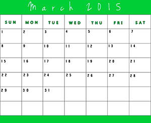 Free printable calendar for March 2015 - Green