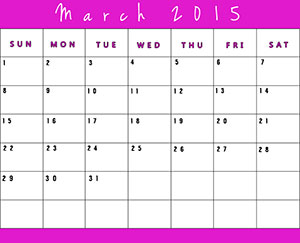 Free printable calendar for March 2015 - Pink