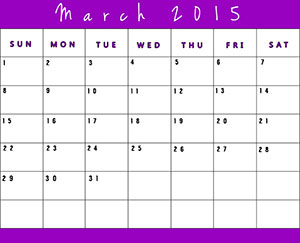Free printable calendar for March 2015 - Purple
