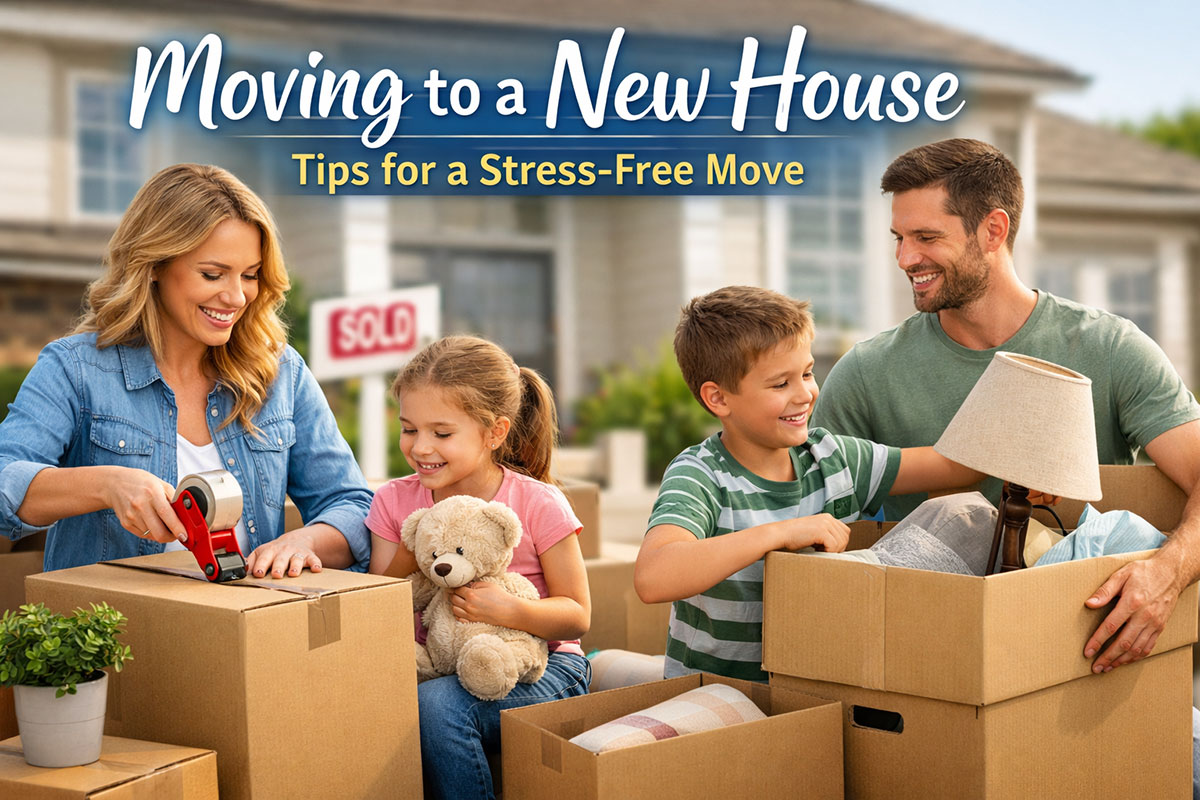 family packing boxes while moving to a new house