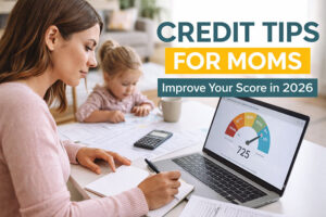 Mom improving her credit score while managing finances at home with child nearby