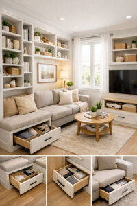 Small living room with built-in vertical storage and hidden drawers to maximize space