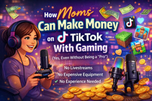 Illustration of a mom gaming and creating content to make money on TikTok without being a professional gamer