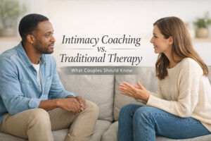 Couple discussing intimacy coaching versus traditional therapy