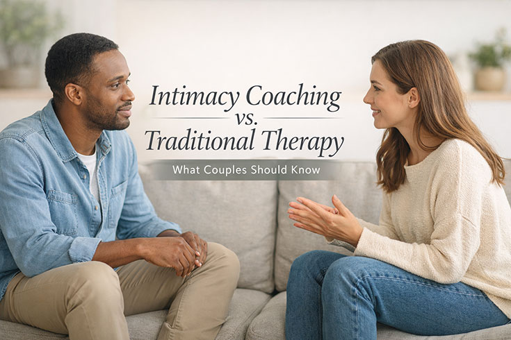 Couple discussing intimacy coaching versus traditional therapy