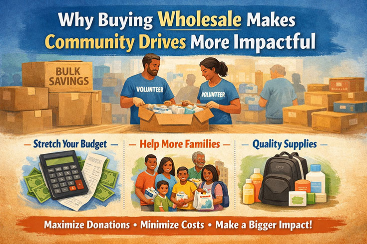 Volunteers organizing bulk donation supplies to show how buying wholesale helps community drives reach more families