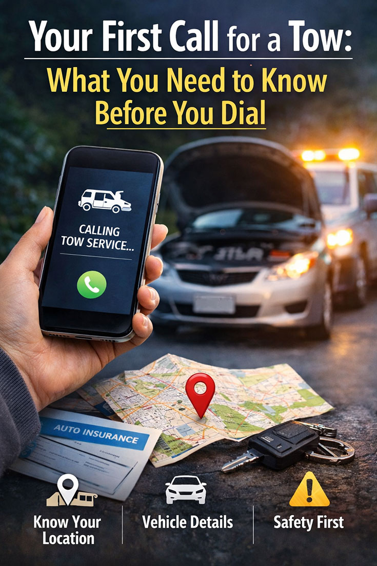 What to know before calling a tow truck for the first time, including location details, vehicle information, and safety tips.