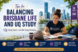 Student studying in Brisbane while balancing University of Queensland classes and city life.