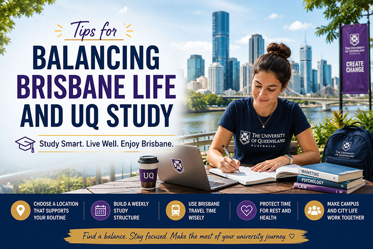 Student studying in Brisbane while balancing University of Queensland classes and city life.