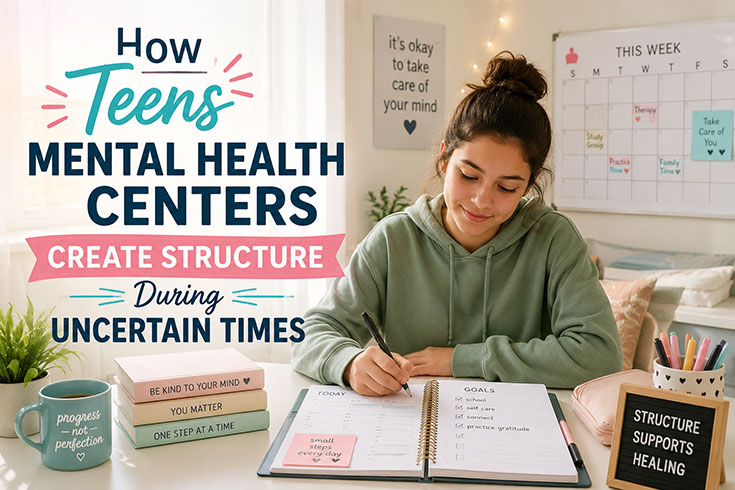 Teen using a planner and daily routine tools in a calm environment that supports mental health, stability, and emotional well-being.
