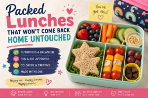 Healthy packed lunch ideas for kids featuring colorful sandwiches, fruit, vegetables, and nutritious school lunchbox foods.