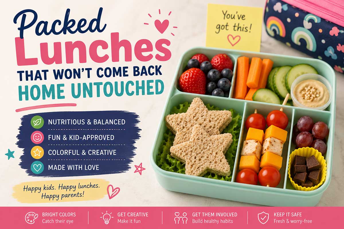 Healthy packed lunch ideas for kids featuring colorful sandwiches, fruit, vegetables, and nutritious school lunchbox foods.